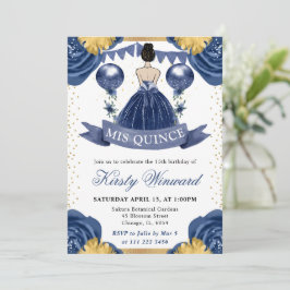 Navy Blue Dress Brunette Princess Quinceanera Inbjudningar