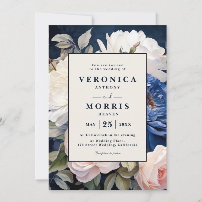 Navy Blue & Dusty Blush Pink Floral Wedding Invita Inbjudningar (Framsida)