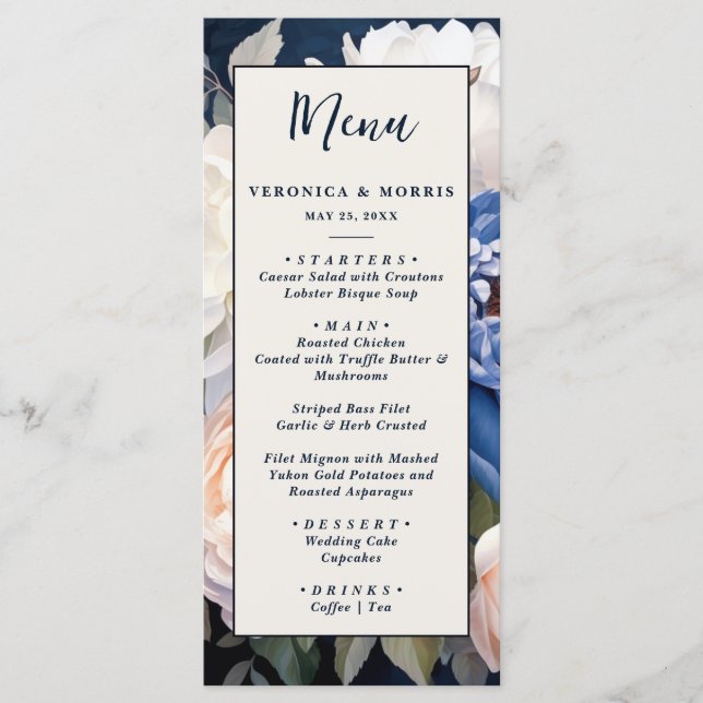 Navy Blue & Dusty Blush Pink Floral Wedding Meny (Framsida)