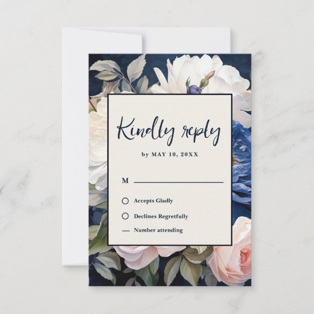 Navy Blue & Dusty Blush Pink Floral Wedding OSA Kort (Framsida)