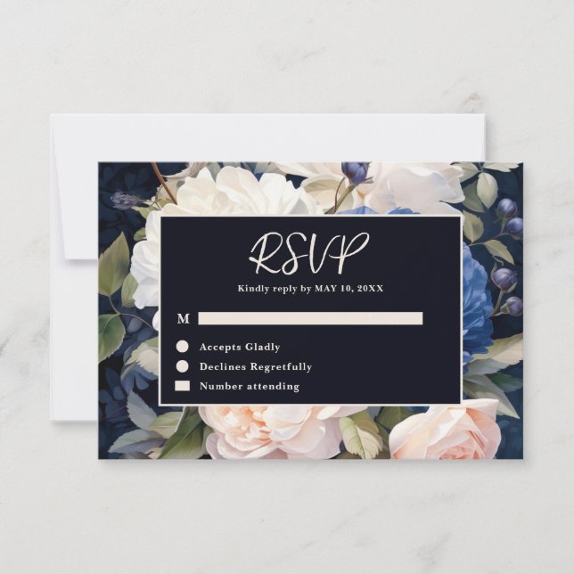 Navy Blue & Dusty Blush Pink Floral Wedding OSA Kort (Framsida)