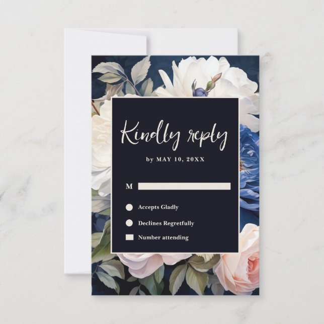 Navy Blue & Dusty Blush Pink Floral Wedding OSA Kort (Framsida)