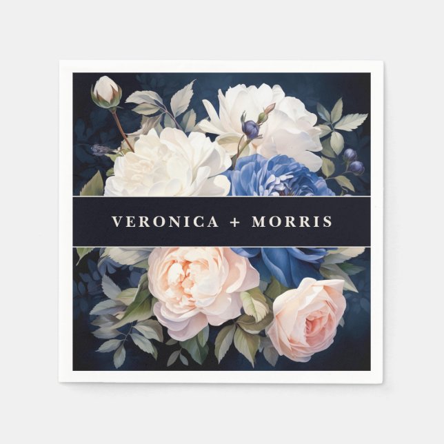 Navy Blue & Dusty Blush Pink Floral Wedding Pappersservett (Framsidan)