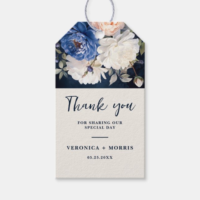 Navy Blue & Dusty Blush Pink Floral Wedding Presentetikett (Framsidan)