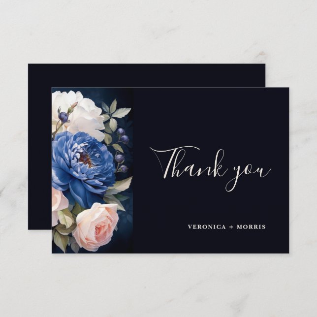 Navy Blue & Dusty Blush Pink Floral Wedding Tack Kort (Fram/baksida)