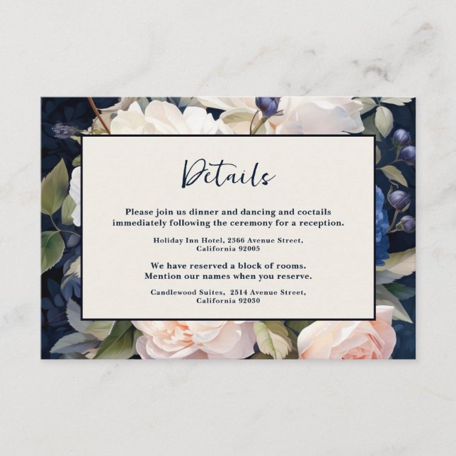 Navy Blue & Dusty Blush Pink Floral Wedding Tilläggskort (Framsida)