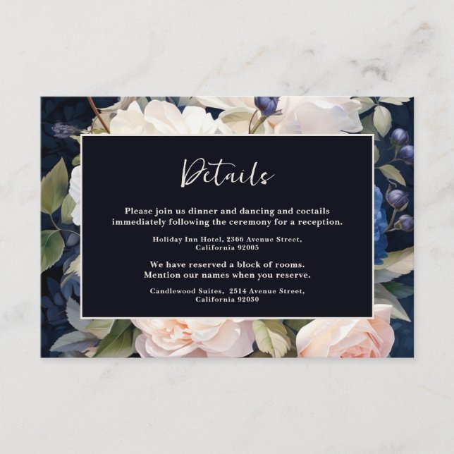 Navy Blue & Dusty Blush Pink Floral Wedding Tilläggskort (Framsida)