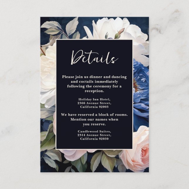 Navy Blue & Dusty Blush Pink Floral Wedding Tilläggskort (Framsida)