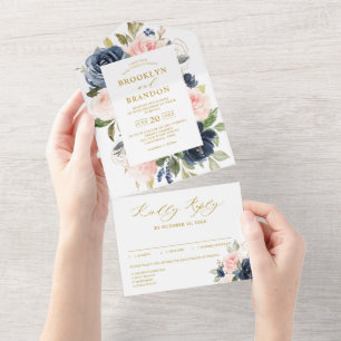 Navy Blue Dusty Blush Rosa Blommig Guld Bröllop