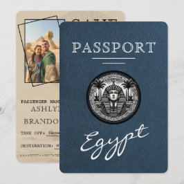 Navy Blue Egypt Passport Bröllop Save the Date Spara Datumet