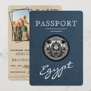 Navy Blue Egypt Passport Bröllop Save the Date Spara Datumet