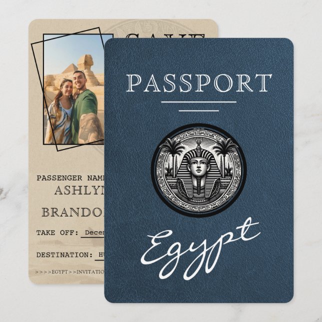 Navy Blue Egypt Passport Bröllop Save the Date Spara Datumet (Fram/baksida)