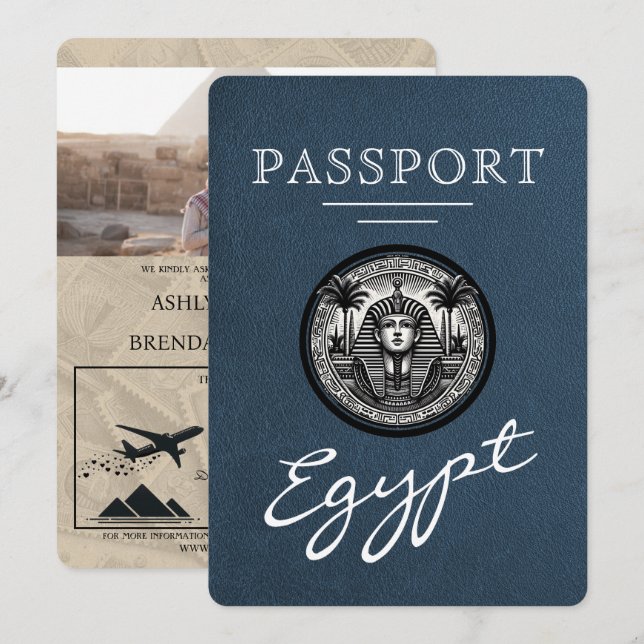 Navy Blue Egypt Passport Wedding Invitation Inbjudningar (Fram/baksida)
