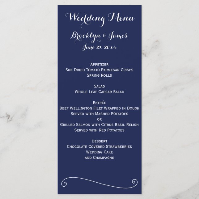 Navy Blue Elegant bröllop MenCard Meny (Framsida)