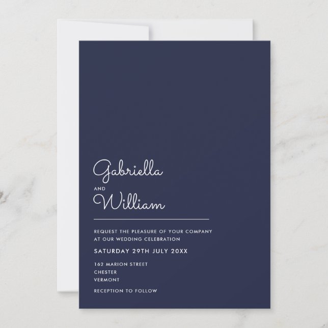 Navy Blue Elegant Bröllopskrift Minimalistisk Bröl Inbjudningar (Framsida)