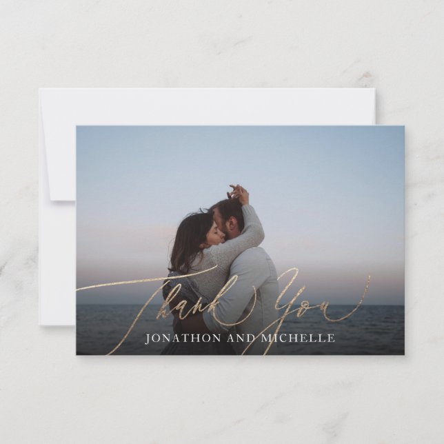 Navy Blue Elegant Gold Calligraphy Wedding Photo Tack Kort (Framsida)