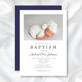 Navy Blue Elegant Photo Boy Baptism Inbjudningar