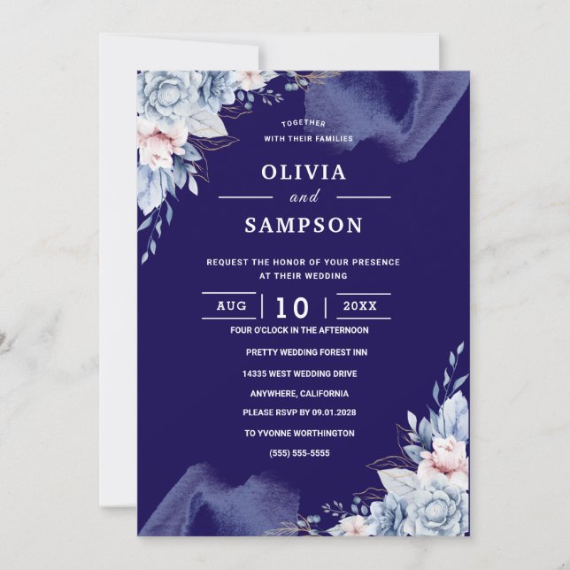 Navy blue elegant wedding inbjudningar (Framsida)