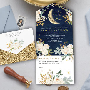 Navy Blue Elfenbensvitt Guld Blommig Boho Moon Beb