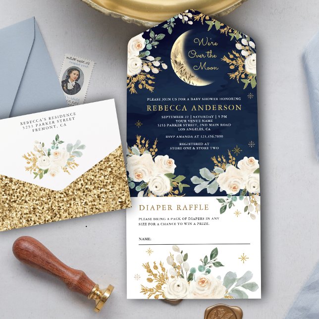 Navy Blue Elfenbensvitt Guld Blommig Boho Moon Beb (Skapare uppladdad)