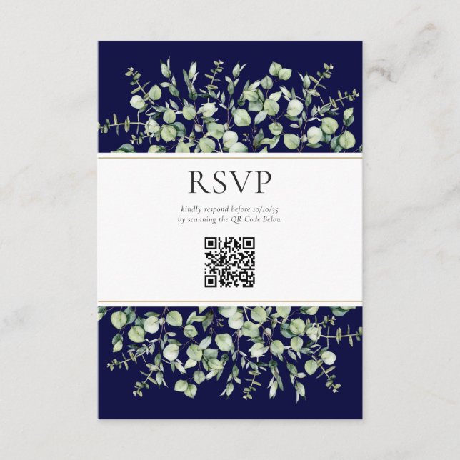 Navy Blue Eucalyptus QR-kod Bröllops-svar  Tilläggskort (Framsida)