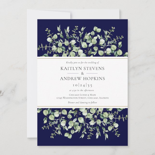 Navy Blue Eucalyptus  Wedding Inbjudningar (Framsida)