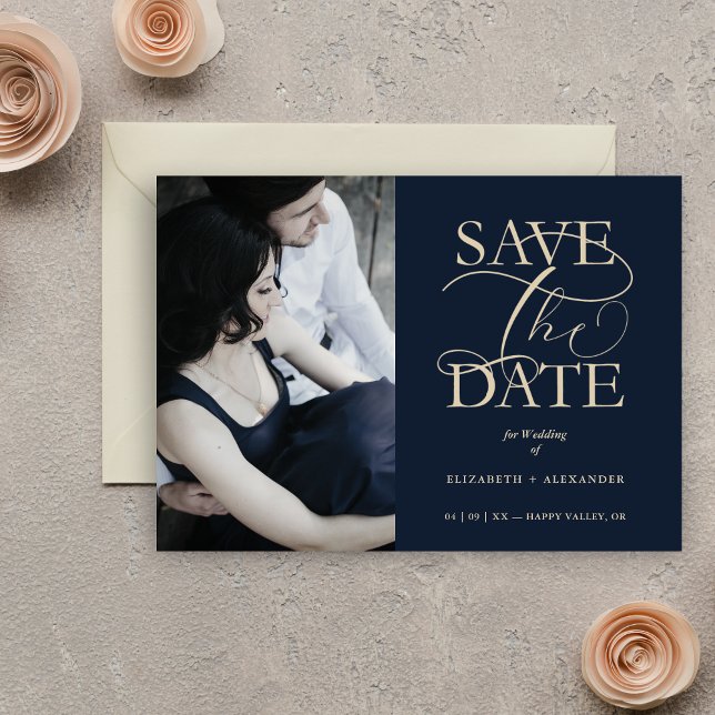 Navy Blue Fancy Trendy Wedding Photo Faux Gold Spara Datumet (Navy Blue Fancy Trendy Wedding Photo Faux Gold Save the Date Card with Envelope.)