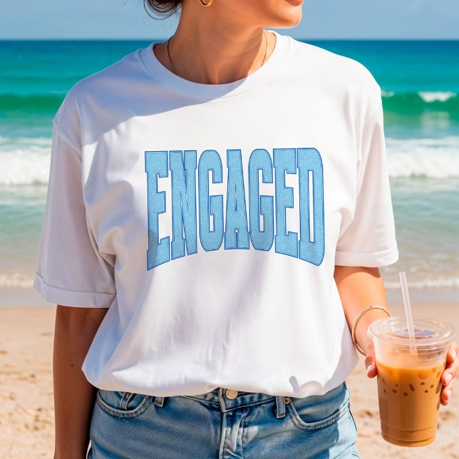 Navy + Blue Faux Glitter Varsity Engagement Bridal T Shirt (Personalize with names, dates, locations or events)