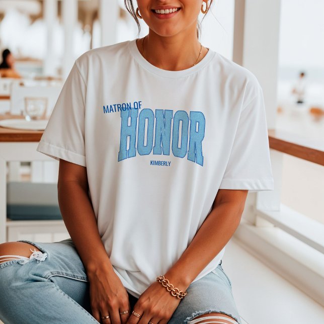 Navy + Blue Faux Glitter Varsity MATRON OF HONOR T Shirt (Personalize with names, dates, locations or events)