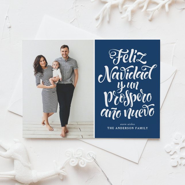 Navy Blue Feliz Navidad Script-julfoto Julkort (Skapare uppladdad)