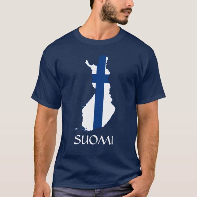 NAVY BLUE Flagga Karta of Finland Suomi T-Shirt (Framsida)
