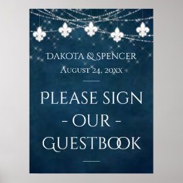 Navy Blue Fleur de Lis Fairy Light | Bröllop-tecke Poster