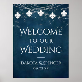 Navy Blue Fleur de Lis Fairy Light | Bröllop-tecke Poster