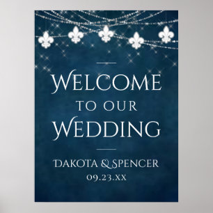 Navy Blue Fleur de Lis Fairy Light Bröllop-tecke Poster