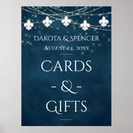 Navy Blue Fleur de Lis Fairy Light | Bröllop-tecke Poster