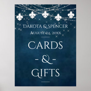 Navy Blue Fleur de Lis Fairy Light Bröllop-tecke Poster