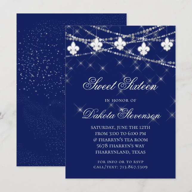 Navy Blue Fleur de Lis Fairy Light | Söt 16 Inbjudningar (Fram/baksida)