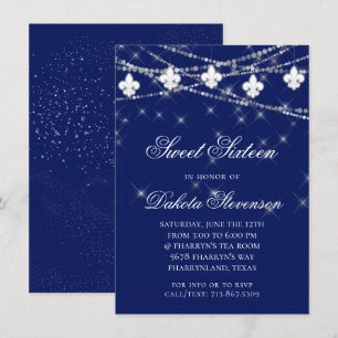 Navy Blue Fleur de Lis Fairy Light Söt 16 Inbjudningar