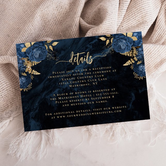 Navy Blue Floral Agate Gold Script Wedding Details Tilläggskort (Skapare uppladdad)