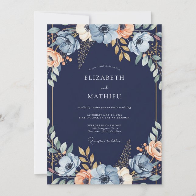 Navy Blue Floral Arch Wedding Inbjudningar (Framsida)