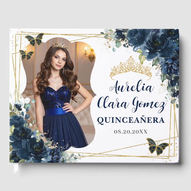 Navy Blue Floral Butterflies QUINCEAÑERA  16 Photo Gästböcker (Framsida)