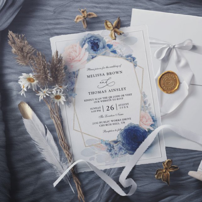 Navy Blue Floral Dusty Budget QR Code Wedding Inbjudningar (Skapare uppladdad)