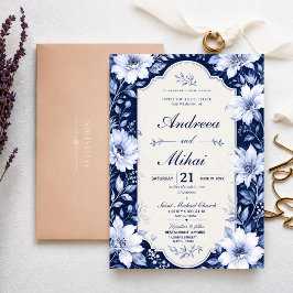 Navy Blue Floral Elegant White Flower Luxury Inbjudningar
