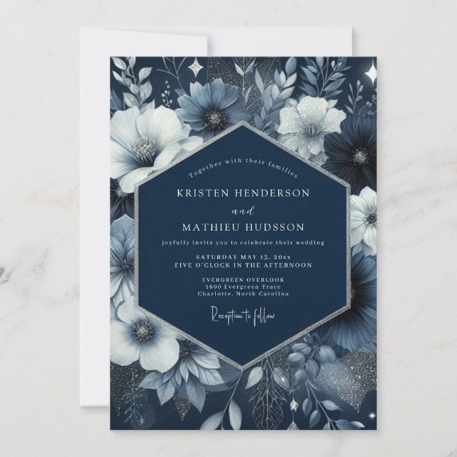 Navy Blue Floral Enchantment Wedding Inbjudningar (Framsida)