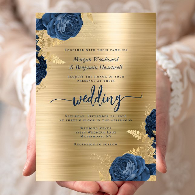 Navy Blue Floral Gold Brushed Metal Wedding Inbjudningar (Skapare uppladdad)