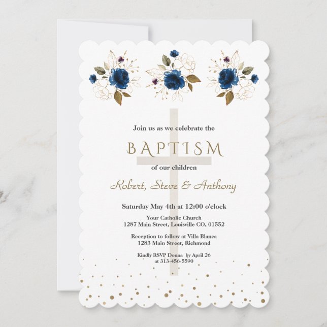 Navy Blue Floral Gold Triplets Boys Baptism   Inbjudningar (Framsida)