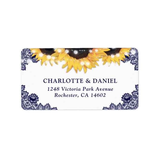 Navy Blue Floral Lace Sunflower Wedding Adressetikett (Framsidan)