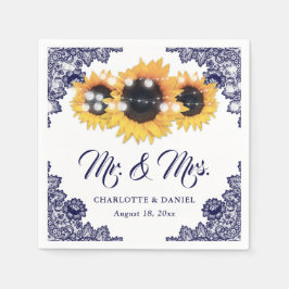 Navy Blue Floral Lace Sunflower Wedding Pappersservett