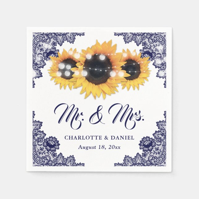 Navy Blue Floral Lace Sunflower Wedding Pappersservett (Framsidan)
