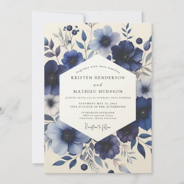 Navy Blue Floral Meadow Wedding Inbjudningar (Framsida)